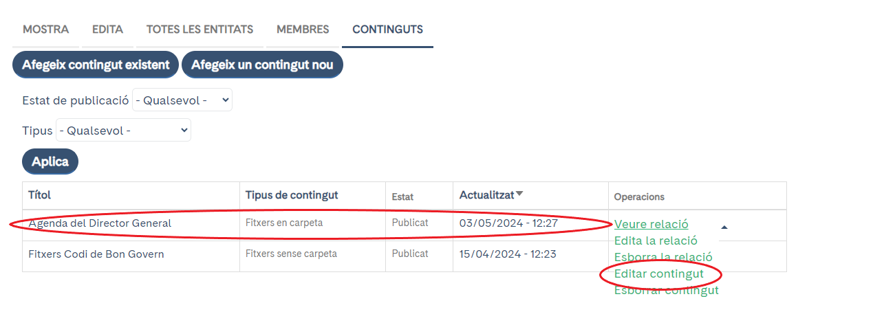 Pagina del contingut