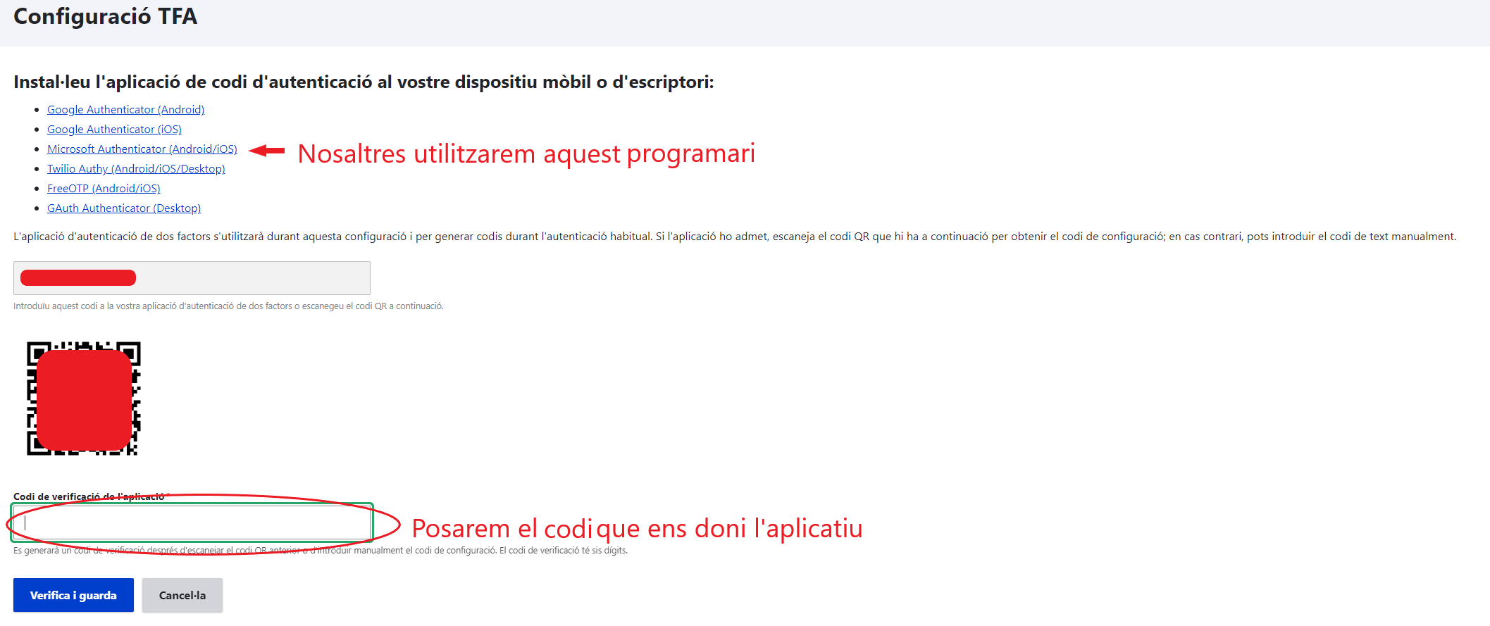 Dades de configuració TFA